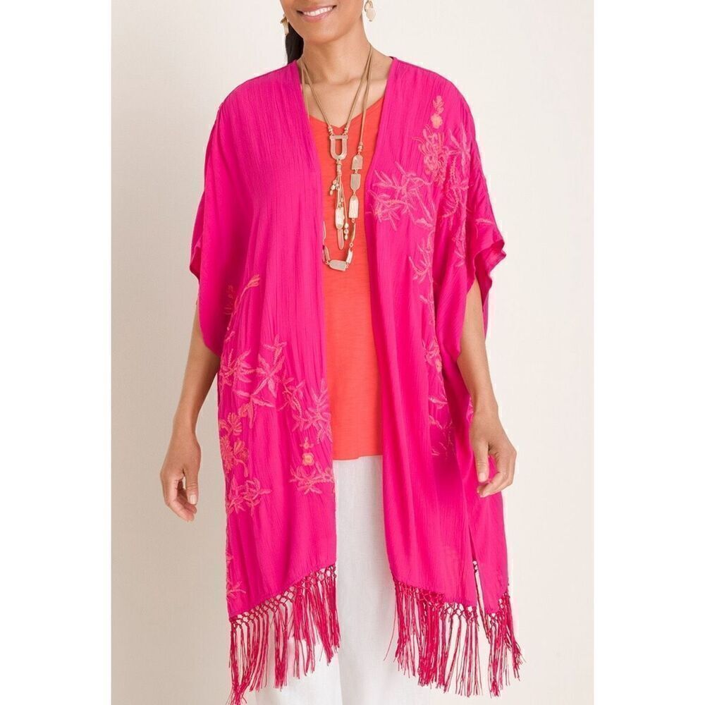 Chico’s NWT Floral Embroidered Berry Pink Ruana Wrap